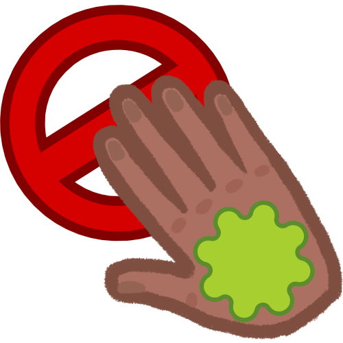 a hand reaching out to touch a red no symbol 🚫, with a green blob on the person's hand 